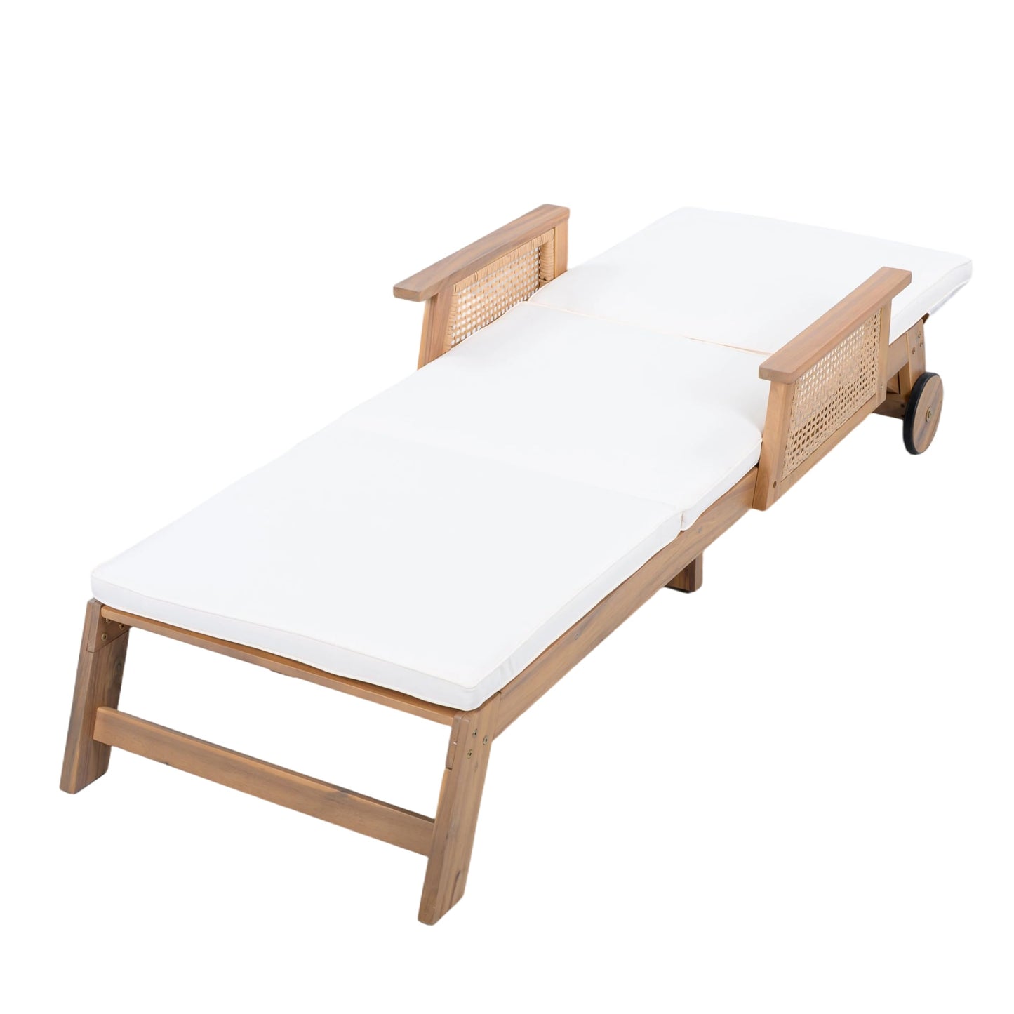 Christopher Knight Home Revia Chaise Lounge Outdoor with Wheel and Armrests, Acacia Wood Patio Chaise Lounge with Cushion, Adjustable Backrest Poolside Sun Lounger, Sunbathing Chair, Teak+Light Beige