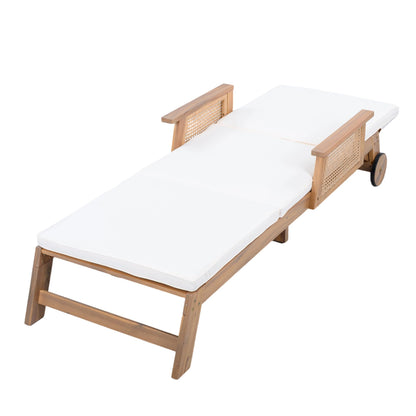 Christopher Knight Home Revia Chaise Lounge Outdoor with Wheel and Armrests, Acacia Wood Patio Chaise Lounge with Cushion, Adjustable Backrest Poolside Sun Lounger, Sunbathing Chair, Teak+Light Beige
