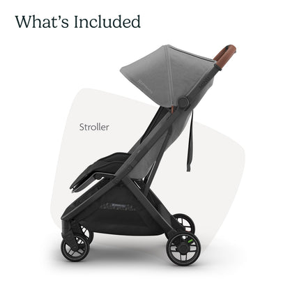 UPPAbaby Minu V3 Travel Stroller - Lightweight + Compact Design - One-Hand Fold + Unfold - from Birth + Overhead Compatible - Greyson (Charcoal Mélange/Carbon Frame/Saddle Leather)