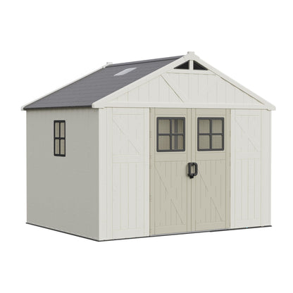 Greesum 10×8FT Plastic Outdoor Storage Shed with Floor and Lockable Door, Resin Sheds with Windows and Skylights, Organization for Garden, Backyard, Pool Supplies, Beige