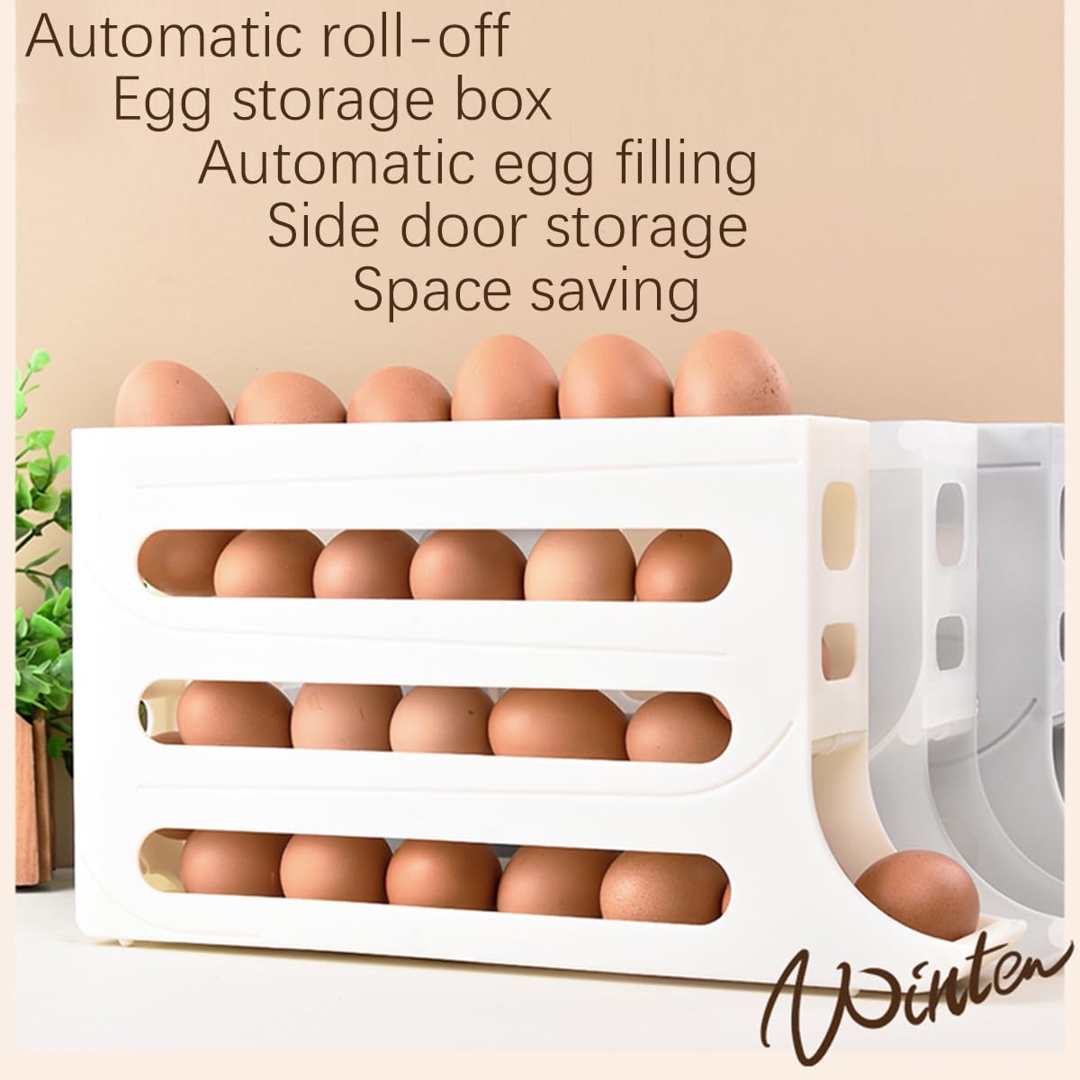 4 Tiers Egg Trays, Egg Holder for Fridge, Auto Rolling Organizer, Space-Saving 30 Large Capacity Egg Dispenser for