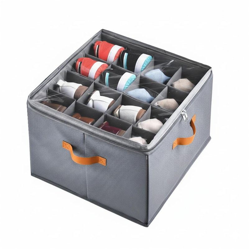 Yagizaai Foldable Shoe Organizer Box for Closet & Under-Bed, Adjustable Dividers, Holds up to 16 Pairs, Stackable, Gray with Clear Cover & Leather Handles, 17x17x12 inch