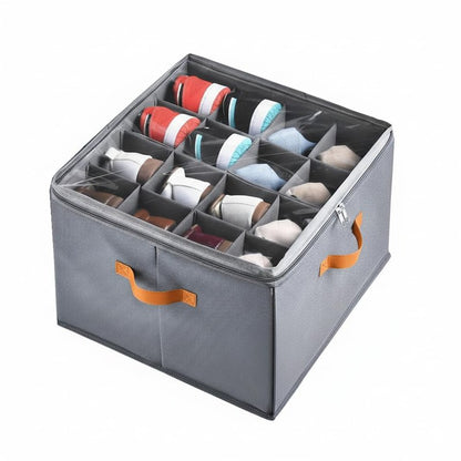 Yagizaai Foldable Shoe Organizer Box for Closet & Under-Bed, Adjustable Dividers, Holds up to 16 Pairs, Stackable, Gray with Clear Cover & Leather Handles, 17x17x12 inch