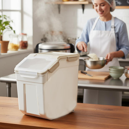 RUIAN 25lb Flour Rice Storage Containers Bin, Large Airtight Storage Container with Wheels Seal Locking Lid, with Measuring Cup&Scoop for Flour, Rice, Grain(Gray 4PCS)