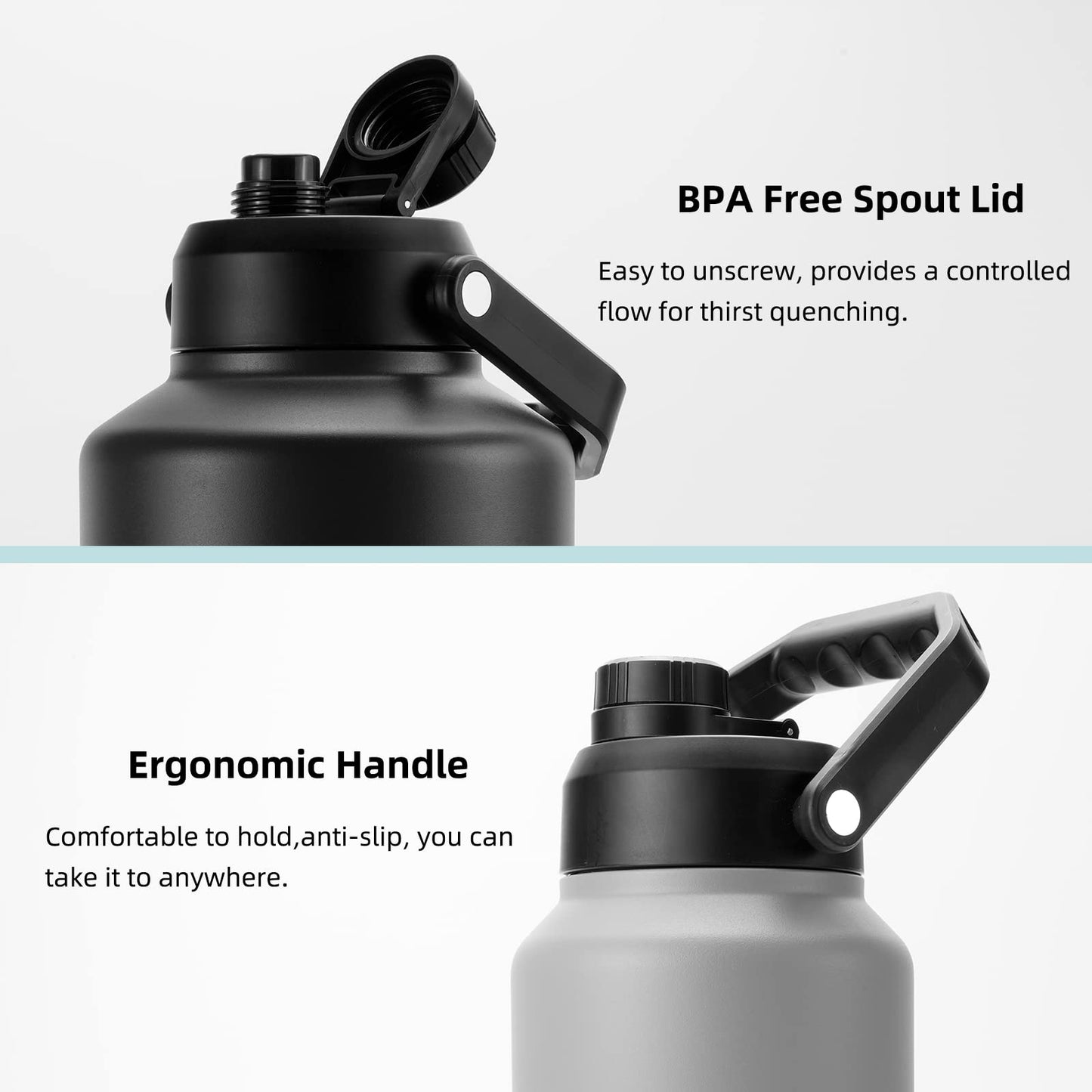 BJPKPK 64 oz Insulated Water Bottle, Dishwasher Safe Half Gallon Water Bottle with Ergonomic Handle, BPA Free Leak Proof Water Jug for Sports, Metal Jug with Anti-slip Bottom, Black