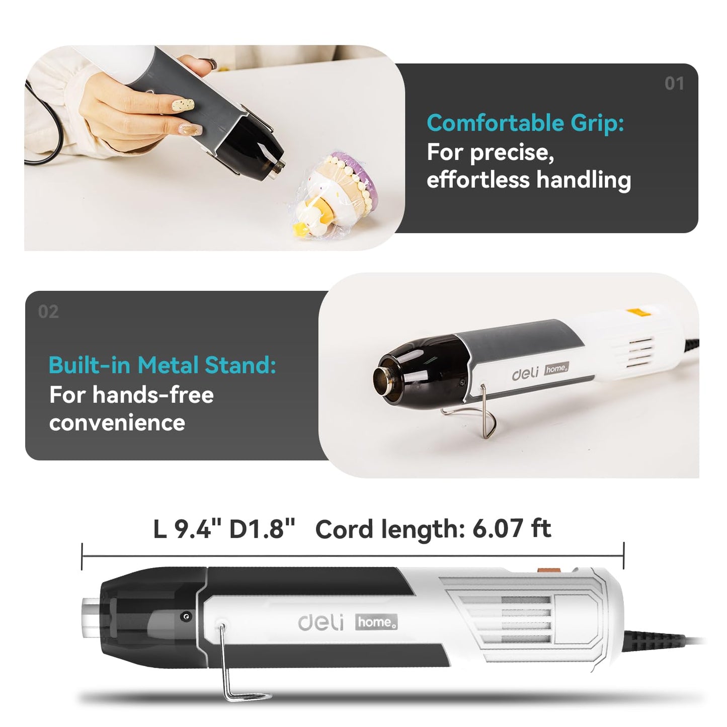 DELI Mini Heat Gun, 350W Dual Temp 500℉/842℉ (260℃/450℃) with Reflector & Extra Nozzles, 6 FT Cable, Overload Protection – for Crafting, Vinyl Wrap, Epoxy, Resin, Shrink Tubing