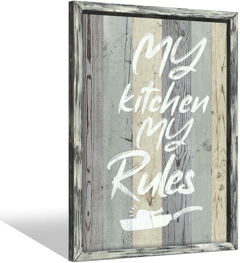 24x16 Inches Kitchen Quotes Framed Wall Art: Funny My Kitchen My Rules Wooden Painting Print Rustic Farmhouse Saying