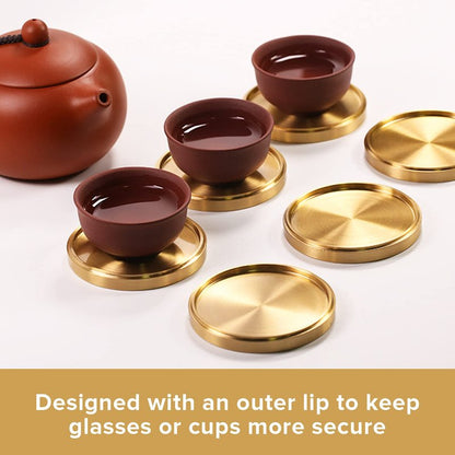 Heavy Brass Coasters for Drinks (6-Pack) - Solid Bronze Gold Coasters - Classy MCM Style Premium Coaster Set - 5 Star Hotel Table & Bar - Board Room Elegant Copper Cup Holder - L