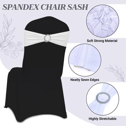 MDS Spandex Chair Sashes - Universal Fit Stretch Bands with Buckle Slider for Elegant Wedding Decor - White, Pack of 150