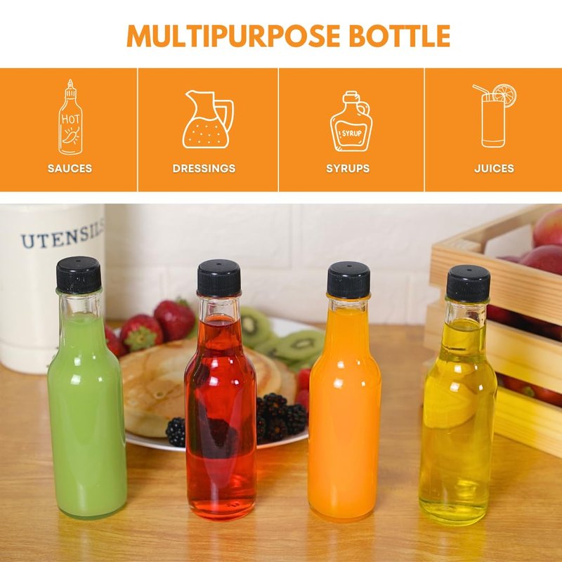 FastRack Woozy Bottle 5 oz (Pack of 12) | Small Hot Sauce Bottles for Canning | Empty Clear Glass Sauce Bottle with Black Plastic Caps & Shrink Sleeves | Leakproof Cap - No Dripper Included