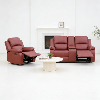 Trygoal Leather Recliner Sofa Set, Living Room Furniture Set, Adjustable Backrest Reclining Loveseat Sofa with Storage Console & Cup Holders, Manual Recliner Chair for House, Home Theater, Red