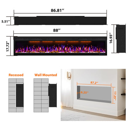 88" Electric Fireplace, Recessed/in-Wall or Wall Mounted, Large Linear 80-90", Ultra-Narrow Frame, 3 Flame Colors & Top Lighting, Timer, Remote, Log & Crystal Media, 1500W Heater