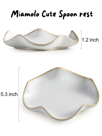 Miamolo Spoon Rest for Stove Top, Spoon Holder for Stove, 5.3In Ceramic Spoon Rest for Kitchen Counter, Coffee Spoon Holder with Ruffled Edge, Farmhouse Spatula Holder for Kitchen Decor, Beige