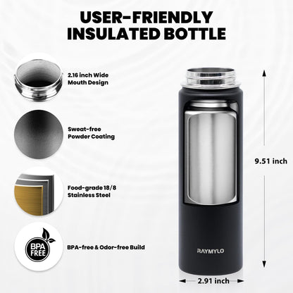 RAYMYLO Insulated Water Bottle 20 oz, Triple Wall Vacuum Stainless Steel (Cold for 24Hrs, Hot for 12Hrs), Leak Proof & Non-BPA, Kids Water Bottle Jug for School with Straw Spout Lids