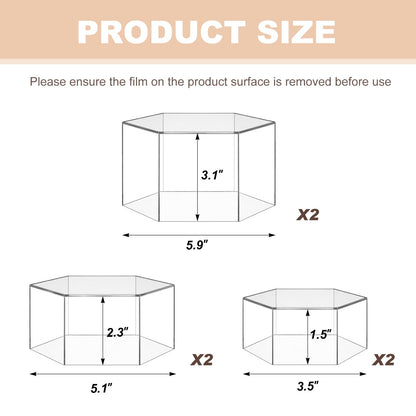 Jerify 6 Pcs Acrylic Risers Display Stands, 5.91'' 5.12'' 3.54'', Clear Hexagon Nesting Pedestal Shelf with Hollow Bottom for Tabletop Jewelry Display, 3 Sized