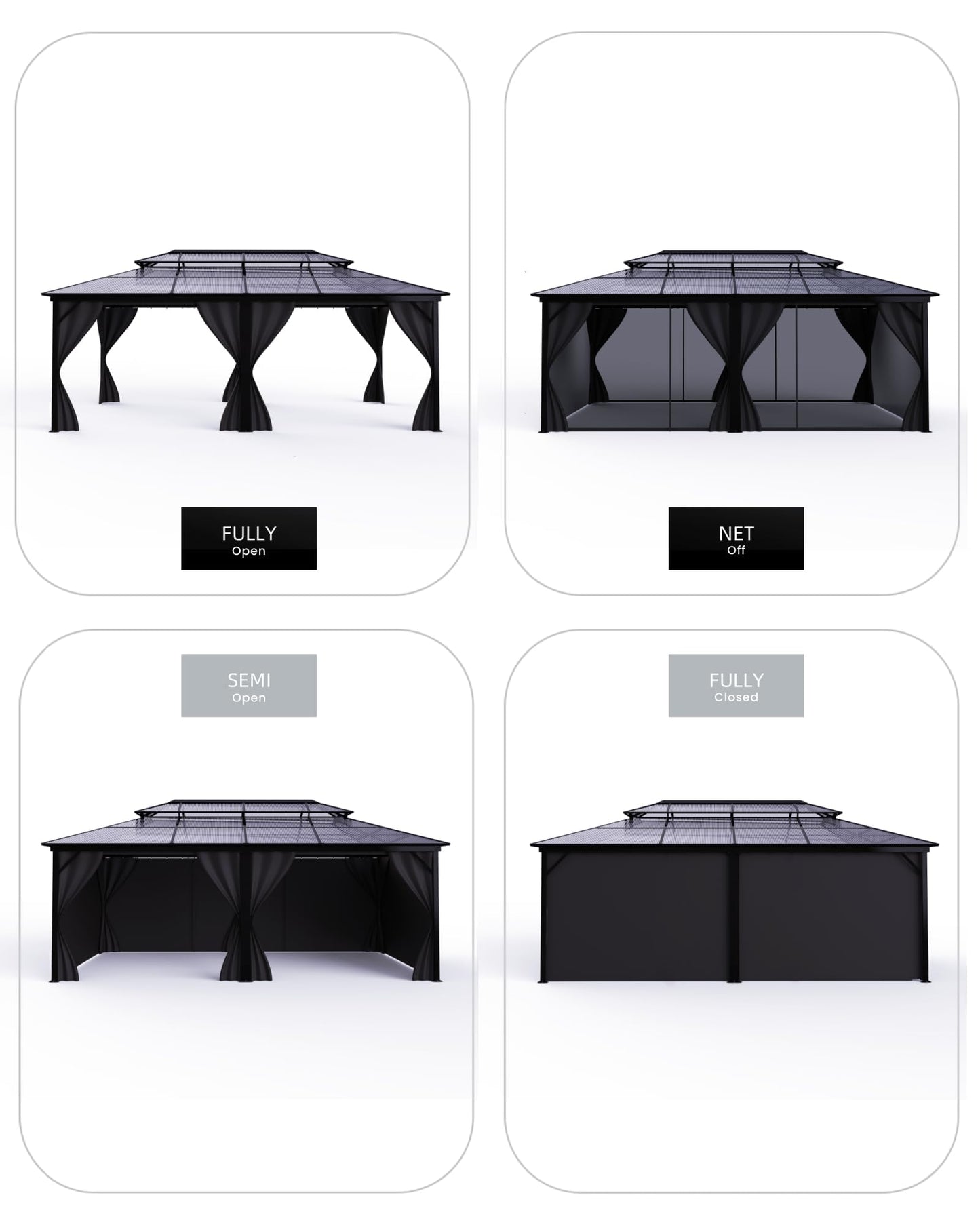 12'x20' Hardtop Gazebo, Permanent Outdoor Pavilion Gazebo with Double Polycarbonate Roof, UV Protection, Aluminum Alloy Frame, Netting & Curtains Included for Patio/Backyard/Lawn/Garden, Gray