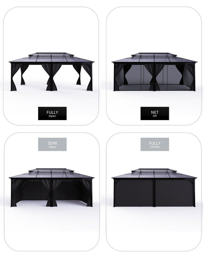 12'x20' Hardtop Gazebo, Permanent Outdoor Pavilion Gazebo with Double Polycarbonate Roof, UV Protection, Aluminum Alloy Frame, Netting & Curtains Included for Patio/Backyard/Lawn/Garden, Gray