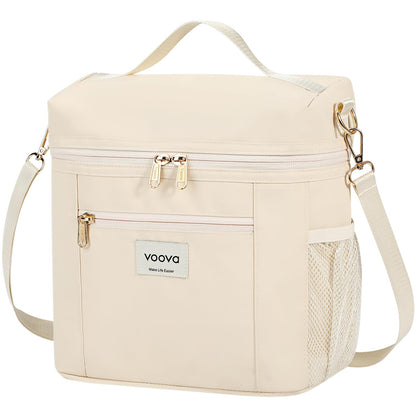 Voova Lunch Bag for Women, Insulated Lunch Box with Shoulder Strap, Adult Reusable Lightweight Nylon Waterproof Lunchbox Lunch bags for Work, Beige