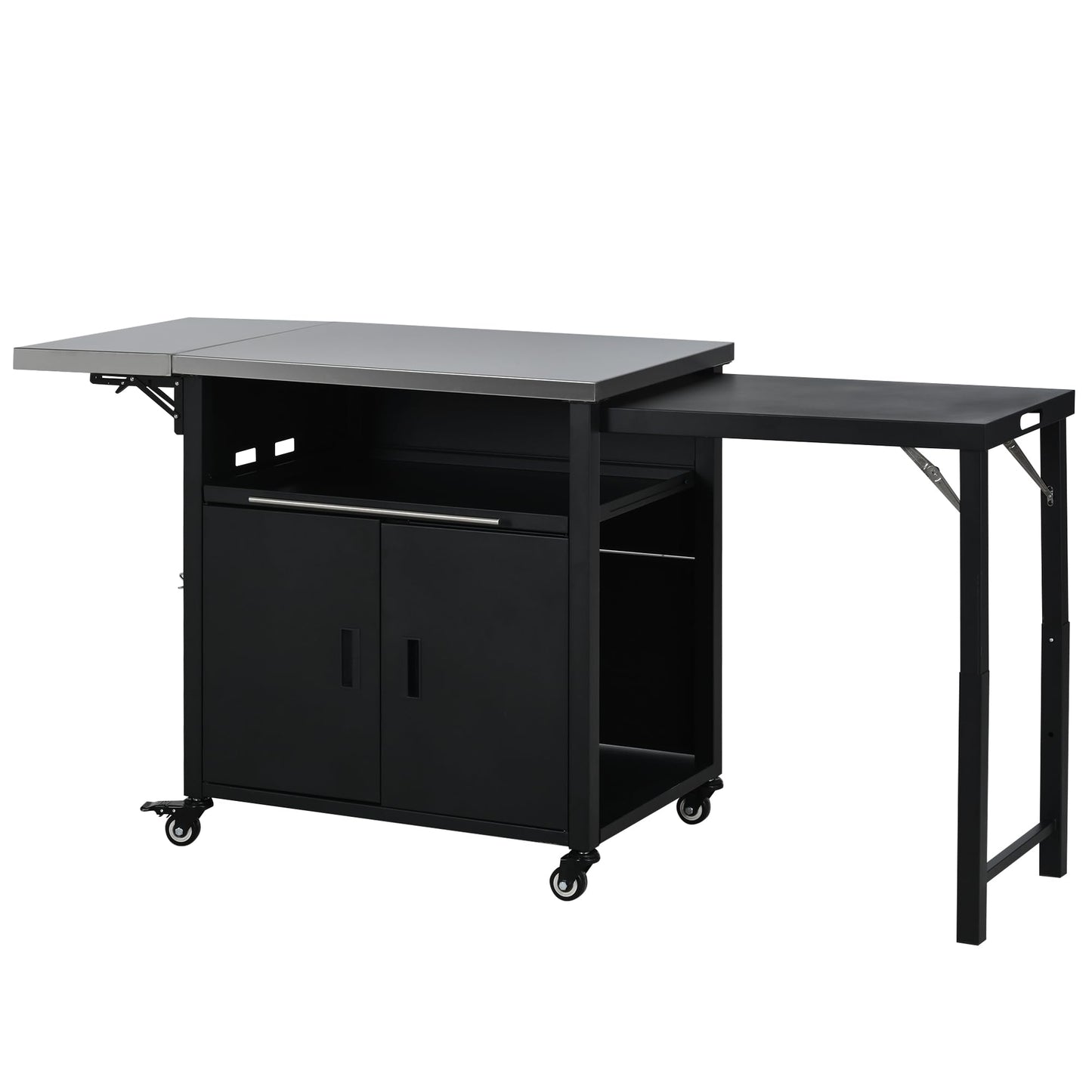 Outdoor Folding Kitchen Cart with Dual Stainless Steel Tops, Rolling Grill Prep Table with Cabinet Drawer and Trash Rack, Portable BBQ Serving Cart with Lockable Wheels for Patio Backyard, Black