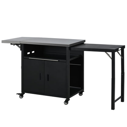 Outdoor Folding Kitchen Cart with Dual Stainless Steel Tops, Rolling Grill Prep Table with Cabinet Drawer and Trash Rack, Portable BBQ Serving Cart with Lockable Wheels for Patio Backyard, Black