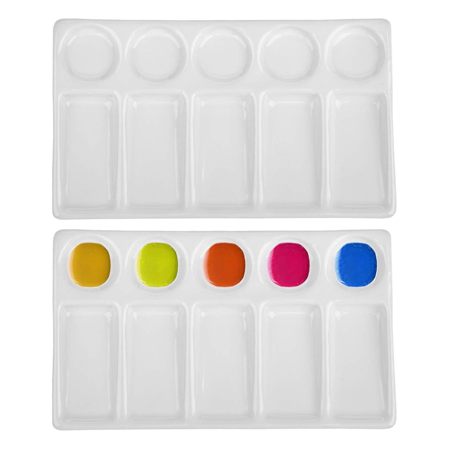 Jucoan 2 Pack 10-Well Ceramic Watercolor Paint Palette, 7-1/2 x 4-1/4 Inch Rectangle Porcelain Artist Paint Palette Mixing Tray for Watercolor, Gouache, Acrylic