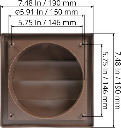 Plastic 6" Brown Dryer Vent Cover with Flange, Exhaust Ventilation Grille with Shutters, Louvered Air Vent for Various