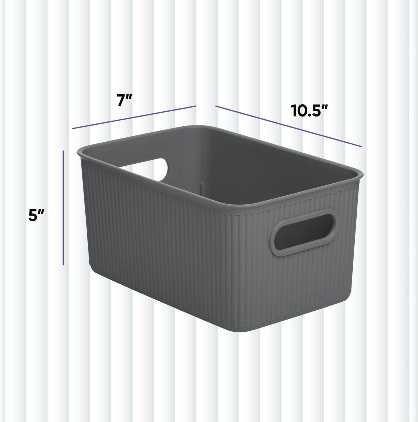 Superio Ribbed Collection Decorative Plastic Open Storage Bins, Medium Grey (2 Pack) for Organizing Closet and Shelves