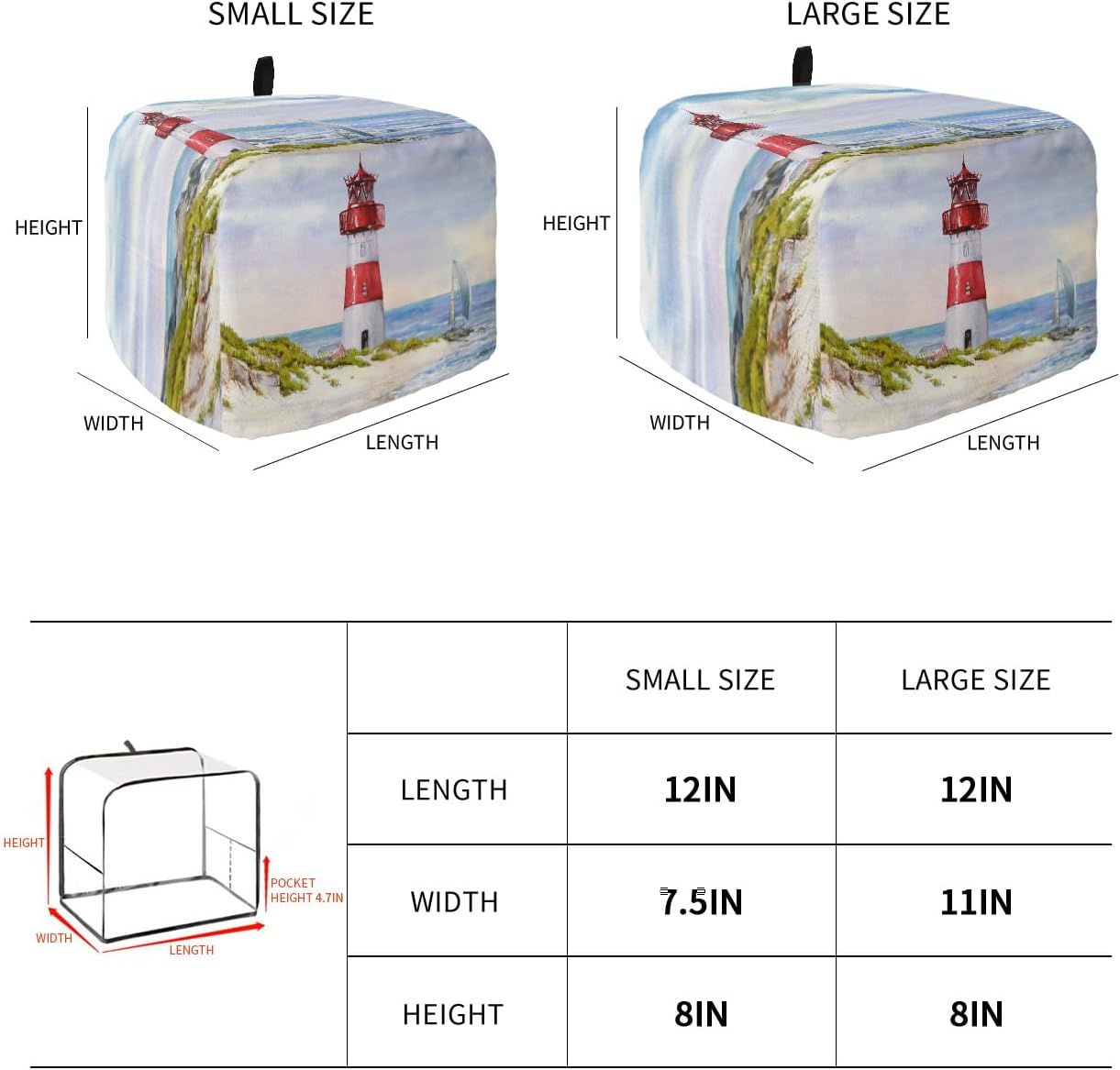 Coastal Lighthouse Toaster Cover, 4 Slice Large Kitchen Appliance, Watercolor Blue Sky Nautical Dust Cover with Loop