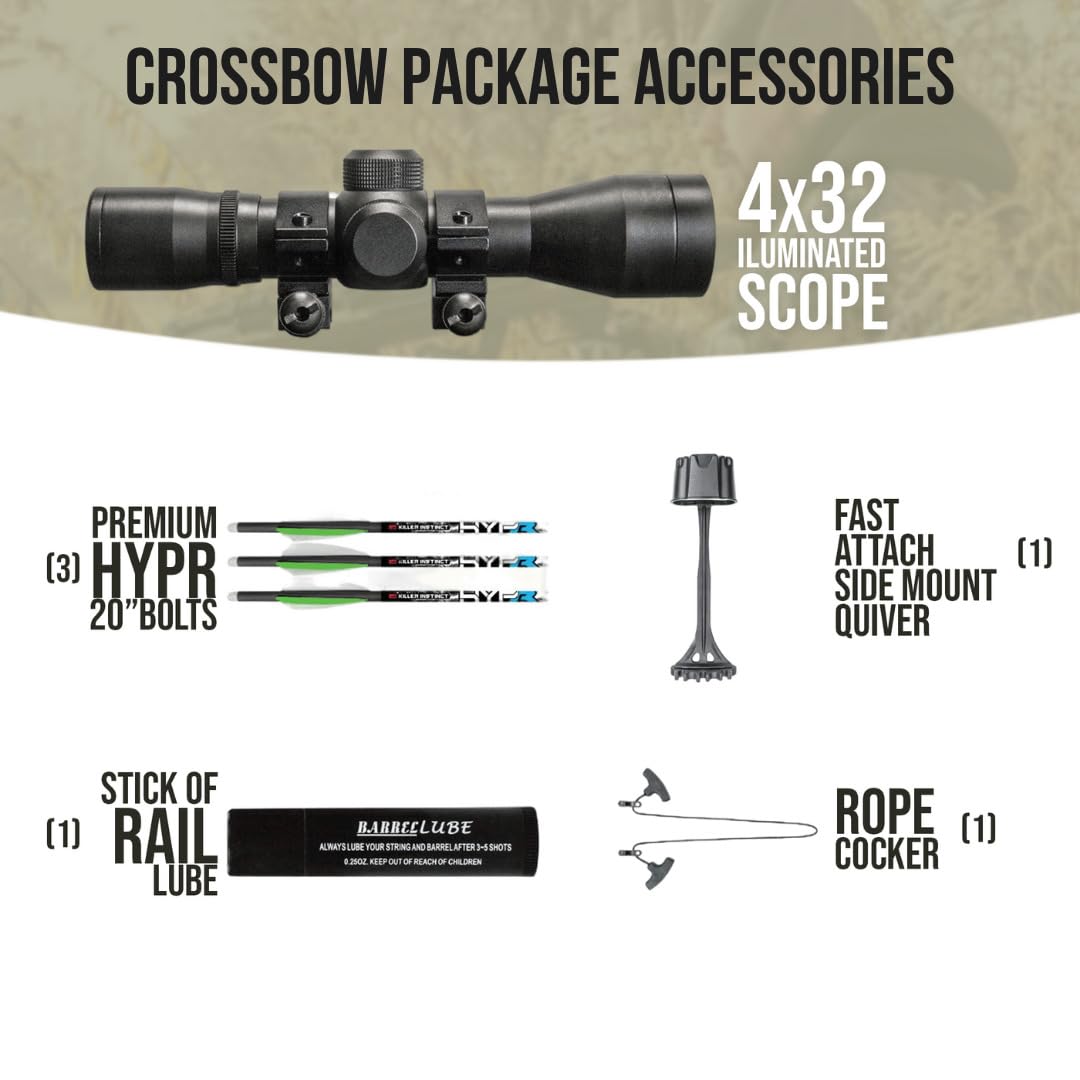 Killer Instinct Burner 415 FPS Crossbow Package (Gray Camo) with Crossbows Slayer Crossbow Case, 20-Inch Crossbow Bolts (6-Pack) and 100-Grain Hunting Broadheads (3-Pack) Bundle (4 Items)