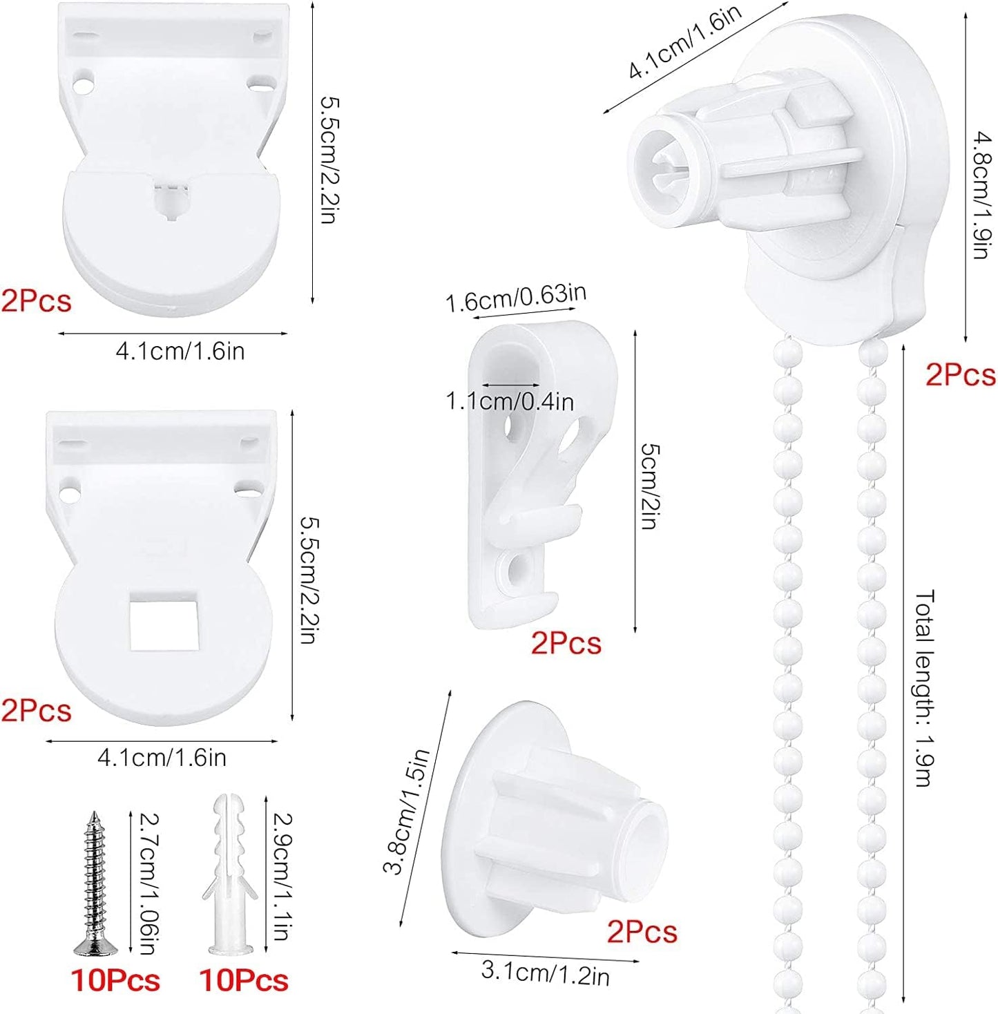 SelfTek 2 Set 25mm Roller Blind Fittings Plastic Brackets with Beaded Chain Replacement Repair Kit