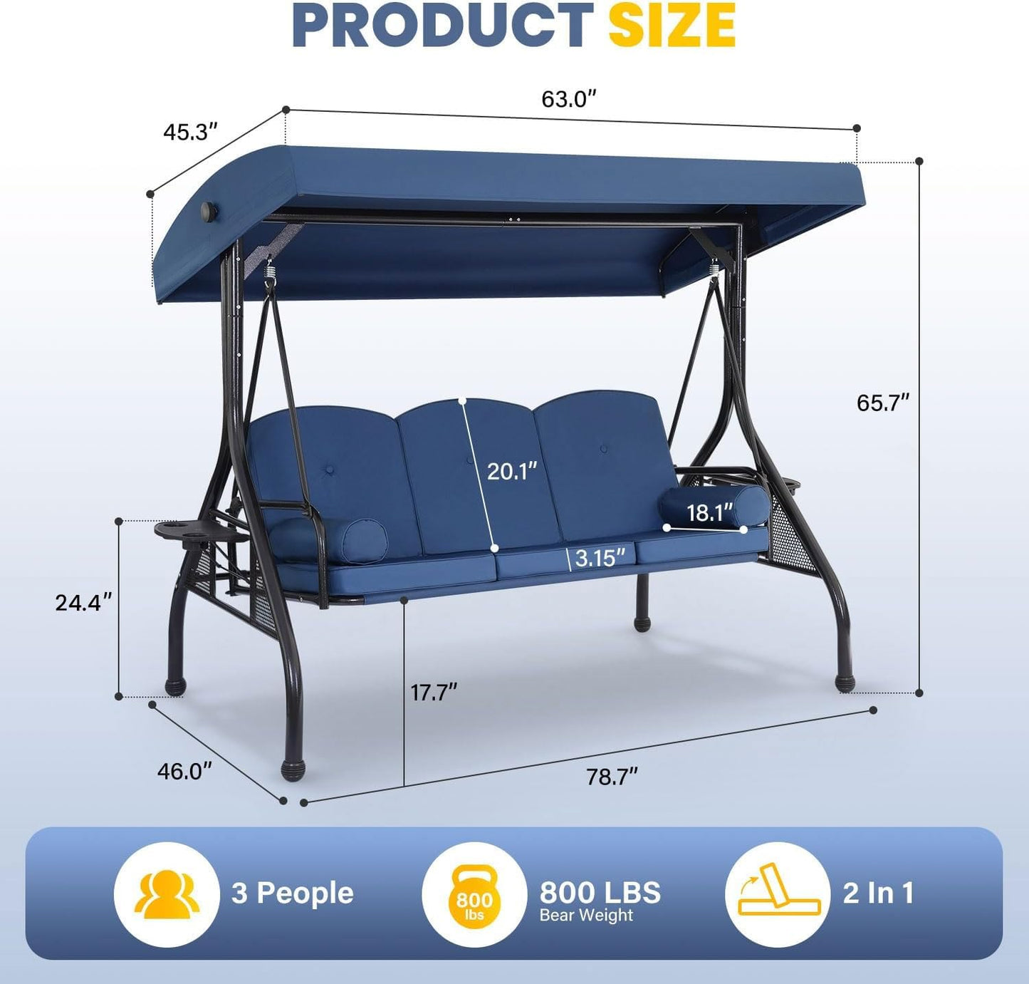 3-Seat Outdoor Porch Swing with Adjustable Canopy, Convertible 2-in-1 Patio Swing & Bed with Thick Cushions, Pillows & Cup Holders for Porch, Backyard & Garden (Blue)