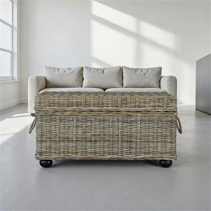 Bowery Hill Wicker & Rattan Storage Trunk, Handmade Solid Mahogany Wood Frame, Tan Finish, 42 in Wide, Lift-Top Spacious Compartment, Farmhouse Style Coffee Table or Storage for Living Room or Bedroom