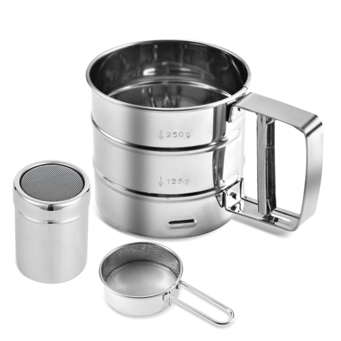 Emime 3 in1 Stainless Steel Flour Sifter for Baking 3 Cup Sifter for baking, Flour Sifter for Baking Cakes, Pastries, Pies, Cupcakes and Desserts, Powdered Sugar Shaker Duster, With Hand Press Design