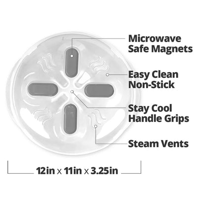 HOVER COVER Magnetic Splatter Cover, 12-Inch Clear BPA-Free Food Lid, Vented Plate Guard with Steam Vents, Anti-Splash Microwave Lid, Dishwasher Safe, Space-Saving Magnetic Storage - Gray