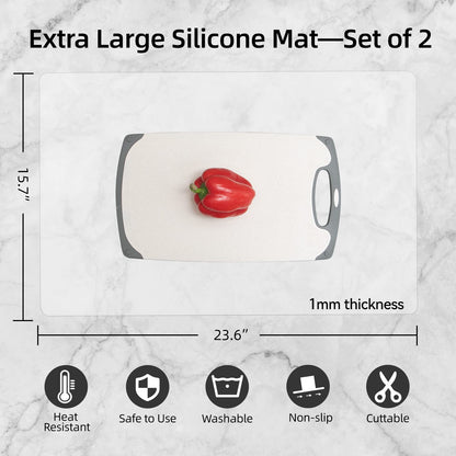 2 Pack Silicone Mats for Kitchen Counter, Treerit 23.62" x 15.75" Thick Large Silicone Mat, Nonskid Heat Resistant Countertop Protector, Easy to Clean, White Translucent