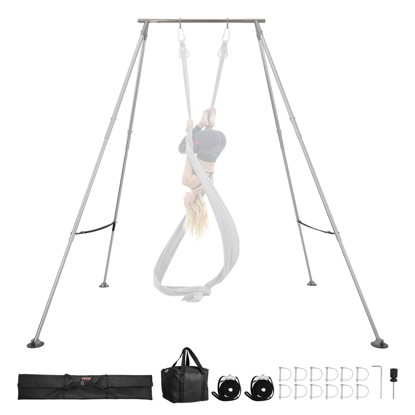 VEVOR Adjustable Yoga Aerial Rig, Aerial Silk Stands with Height Adjustable 5-11FT, Portable Stainless Steel Rig& Aluminum Frame Legs, Fit with Hoops/Lyra/Silks/Hammock