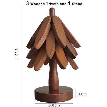 Wooden Trivets for Hot Dishes, 3 Wooden Tree-Trivet Set, Wood Coasters Like Christmas-Tree