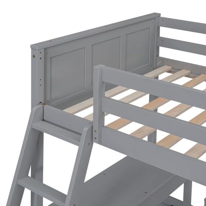 Merax Twin Over Full Bunk Bed with Desk,Wood Loft Bed Frame Saving Space for Boys,Girls,Teens,Grey
