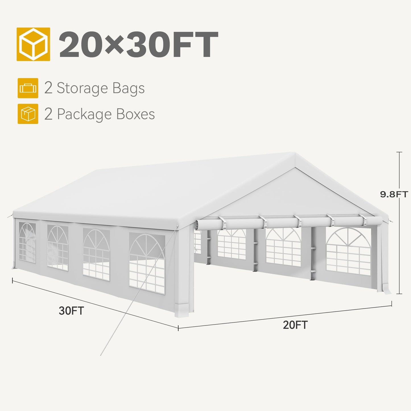 DWVO 20x30ft Party Tent Outdoor Heavy Duty Wedding Event Shelters Galvanized Canopy with Upgraded Large Roof, 2 Storage Bags, Removable PVC Sidewalls, White