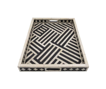 Hansa Industries Handmade Bone Inlay Serving Tray Rectanglular Geometrical Pattern Decorative Coffee Tray Platter Table Decor