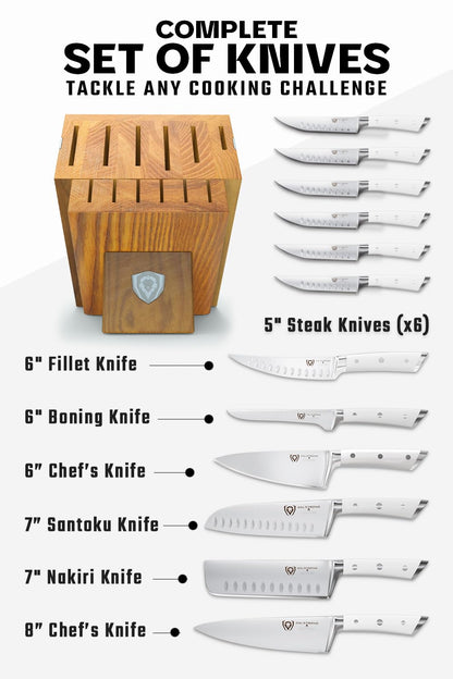 Dalstrong 12-Piece Knife Block Set - Gladiator Series Elite - White Handles - German HC Steel - Hand-Made Manchurian Ash Wood Block - NSF Certified
