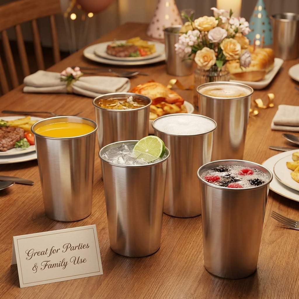 QWORK 13oz Stainless Steel Cups – 16 Pack Stackable Lightweight Metal Tumblers for Home, Camping & Parties