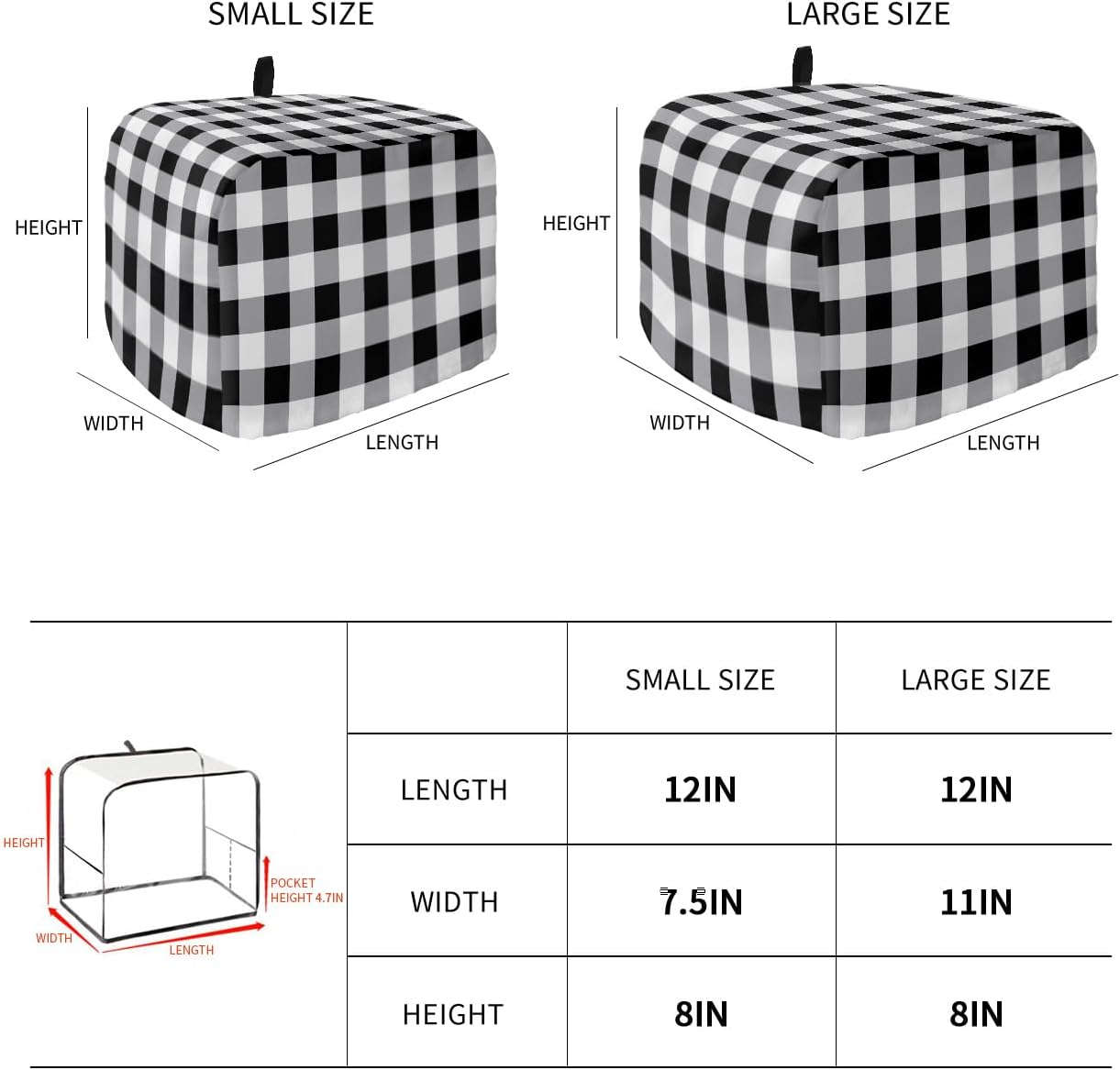 Vintage Farmhouse Toaster Cover 2 Slice, Black and White Checkered Design with Loop for Dust Protection