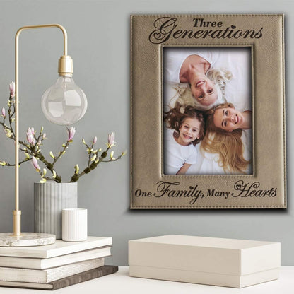 BELLA BUSTA Engraved Leather Picture Frame, Three Generations One Family, Mother's Day, Father's Day Gifts (5 x 7