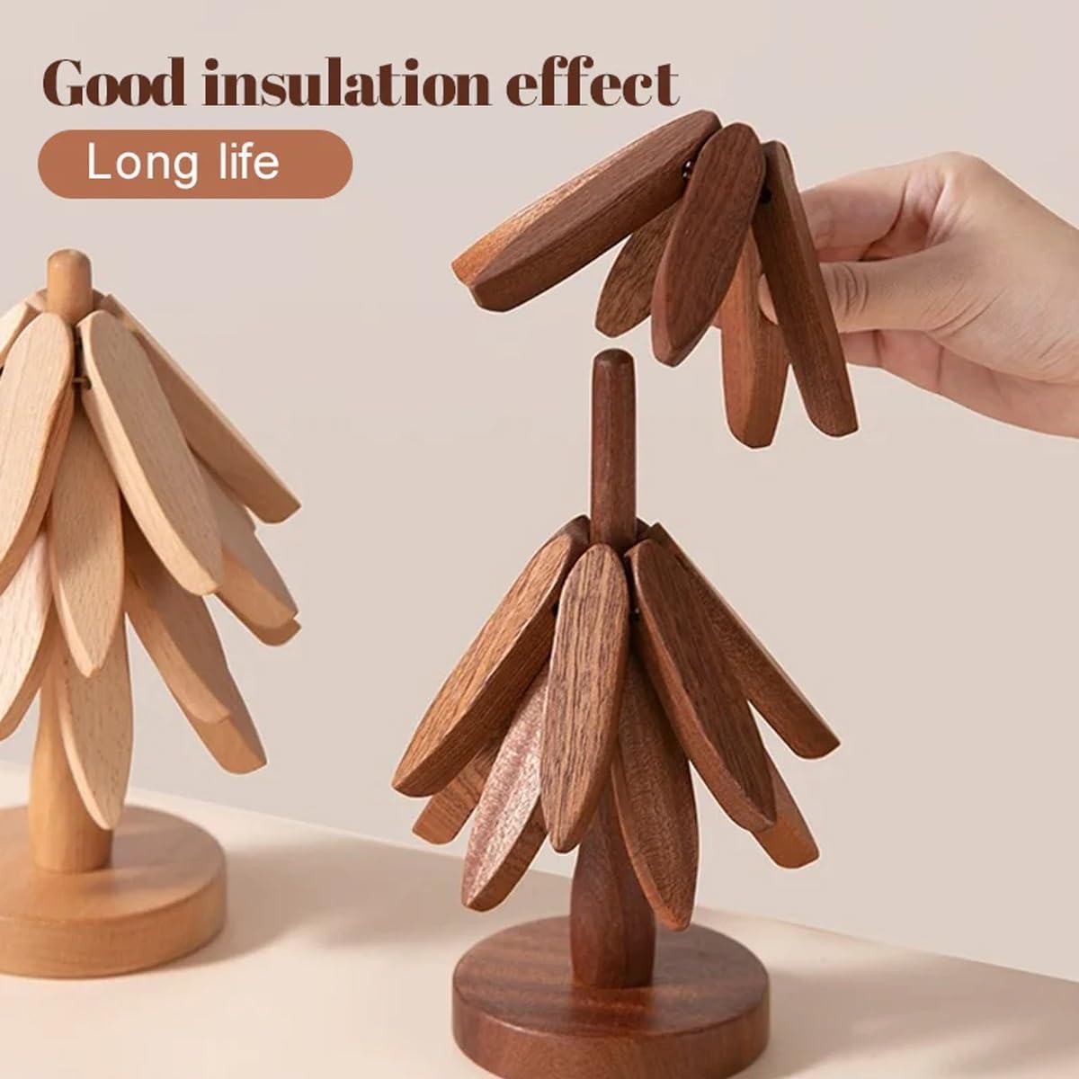 Wooden Trivets for Hot Dishes, Tree Shape Trivet Set, 5 Walnut Wood + 1 Stand stored Like a Christmas Tree,Foldable Kitchen Wooden Trivet,for Hot Dishes、Pot、Bowl、Teapot、Hot Pot Holder(Walnut Wood)