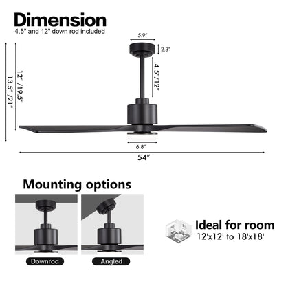 WINGBO 54 Inch DC Ceiling Fan with Lights and Remote Control, 4 Carved Solid Wood Blades, 6-Speed Noiseless Reversible DC Motor, Modern Ceiling Fan in Matte Black Finish with Black Blades