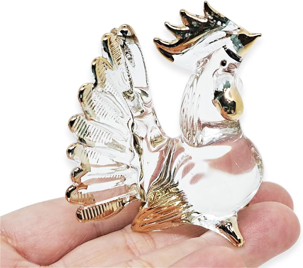 2" 5 Set WitnyStore Tiny Clear Gold Chicken Family Figurine Pieces - Miniature Hand Blown Glass Chickens Hen Rooster