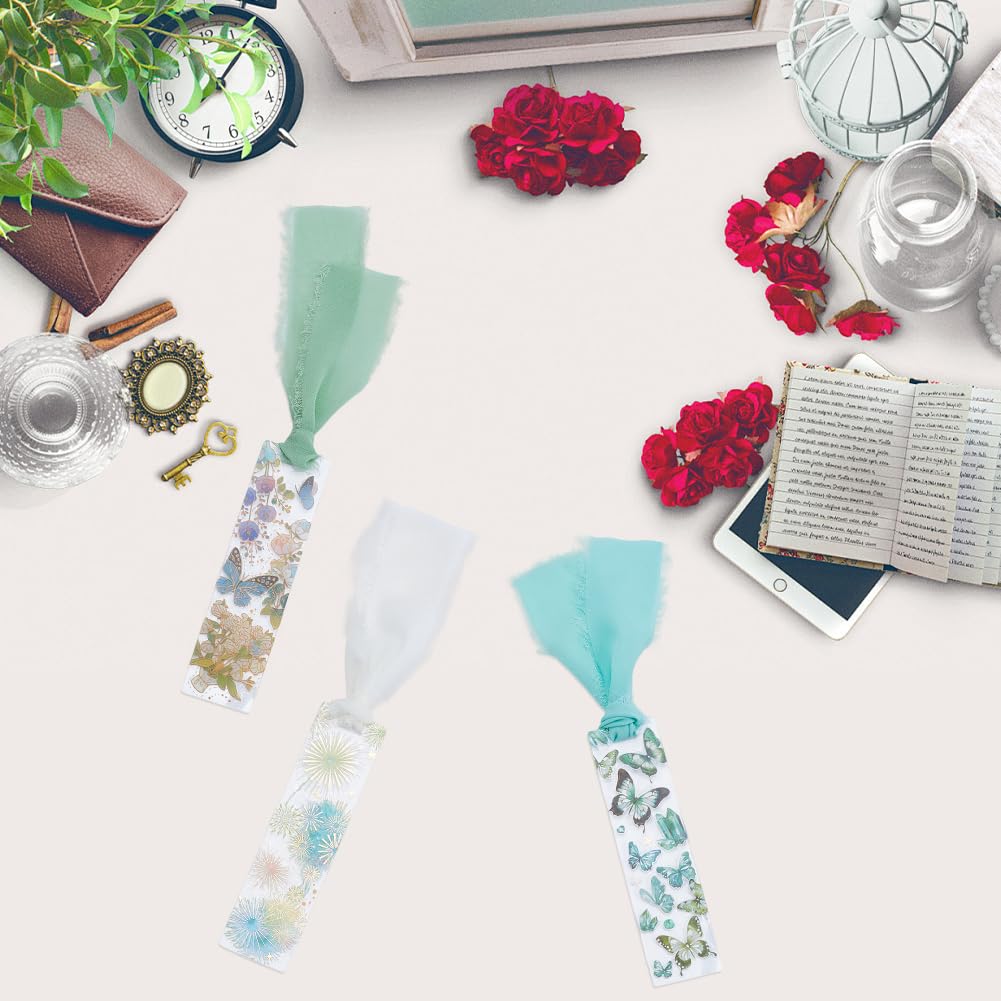BEAMARKER Bookmark Making Kit 12Pcs Clear Acrylic Bookmark Blanks with 19 Sheets Flower Butterfly Star Theme Stickers 4m Green White Ribbon and 12 Gift Bags for DIY Crafts Green Theme