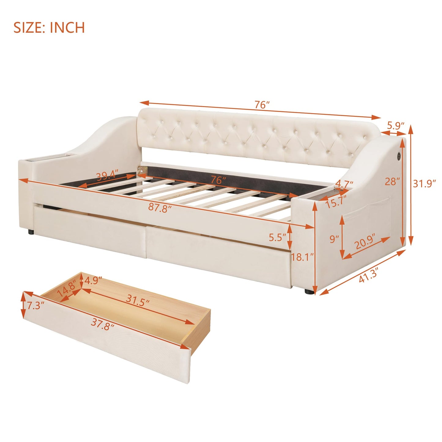 Merax Twin Size Upholstered Daybed with Storage Armrests, Wooden Sofa Bed Frame with 2 Drawers and USB Port, Beige