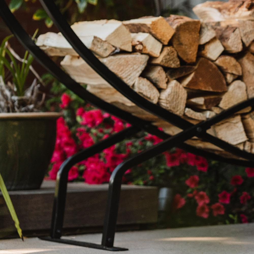 Ash & Ember 8 ft Crescent Firewood Rack, Curved Two-Level Design, Square Steel Tubing, Durable Steel Tubing, Outdoor Lumber Storage Rack for Fire Wood, Black Finish, Easy to Assemble